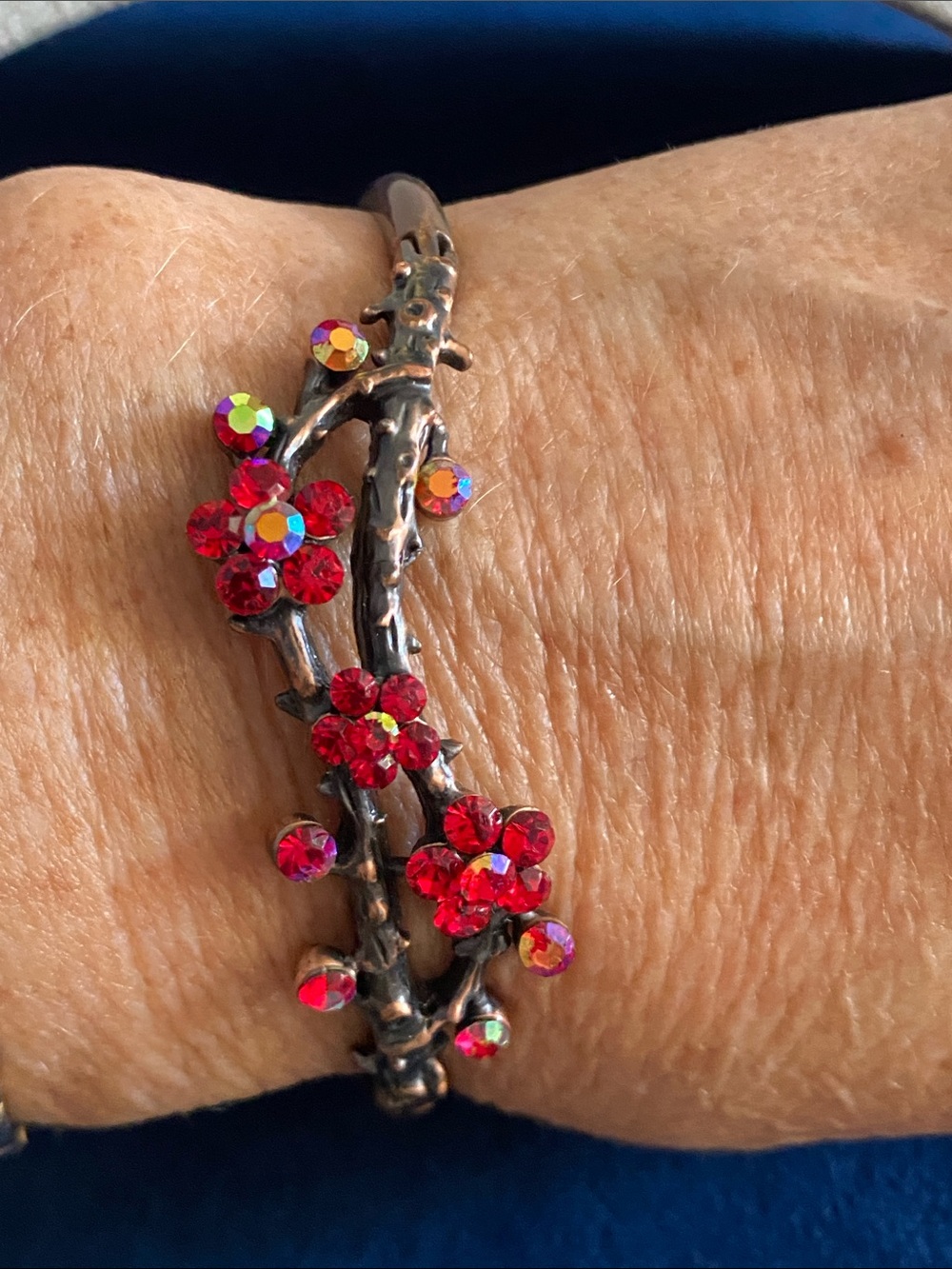 Antiqued Copper Tone Red Floral Rhinestone Hinged Bracelet